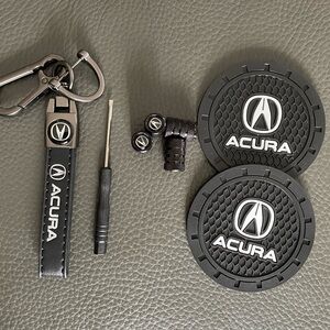 ACURA Logo Leather keychain, Tire Valve Stem Caps and 2pcs cup holder Coaster